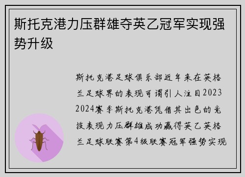 斯托克港力压群雄夺英乙冠军实现强势升级 斯托克港力压群雄夺英乙冠军实现强势升级